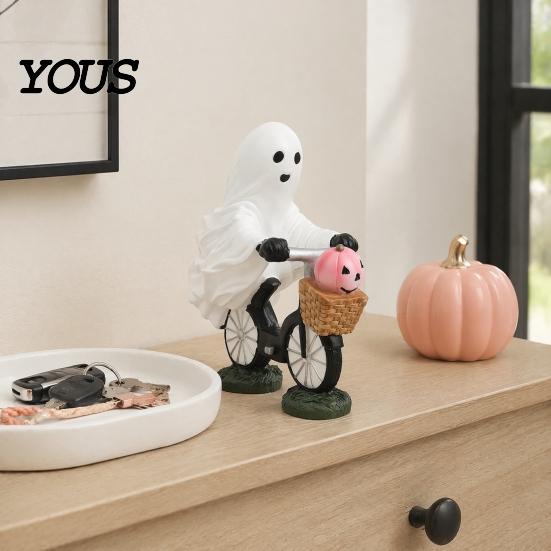 Halloween Ghost Bike Ornament Riding Bicycle Resin Figurine, Spooky Desk Shelf Decor for Handmade Holiday Gift Enthusiasts Home Entryway, Hand-Painted