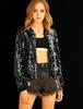 Allegra K Women's Christmas Stadium Jacket, Sequined, Shiny, Long Sleeve, Zipper Detail, Short Length, Black, Size L