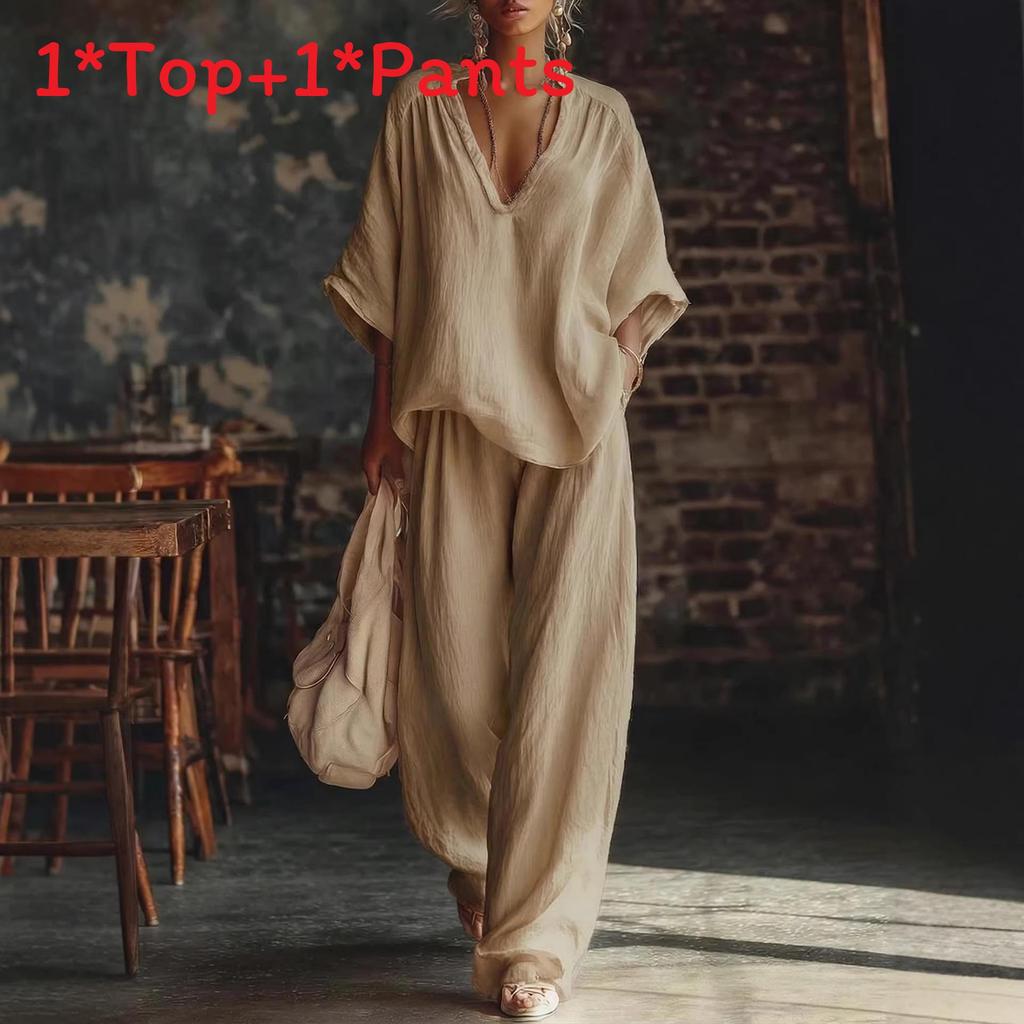 Summer Womens Casual Twopiece Set With Cotton Linen Fabric For Comfortable Daily Wear