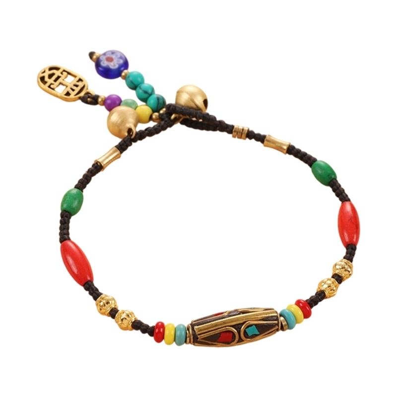 A52E Traditional Handcrafted Tibetan Beaded Bracelet Combining Turquoise Stones and Copper for Stylish Accessory