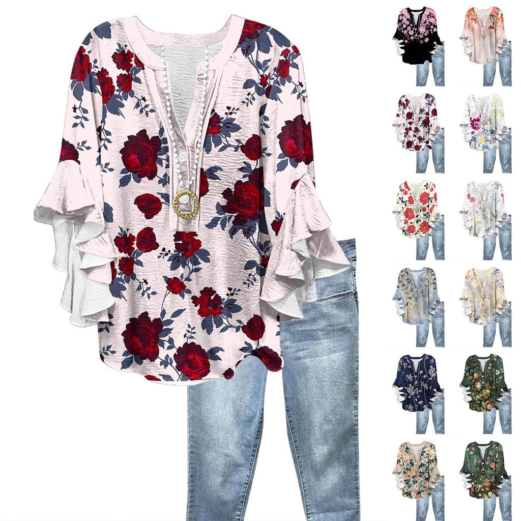 Women's Fashion Casual Button V-Neck Seven Sleeve Vintage Printed Shirt Top
