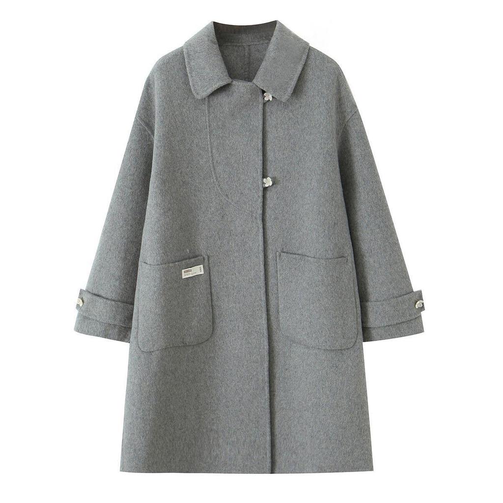Mid-Length Wool-Cashmere Coat with Doll Collar & Petal Buttons, Double-Faced, Chic Autumn/Winter Style, Youthful Look.