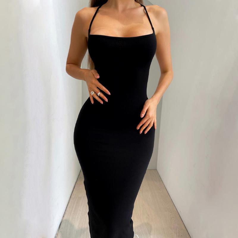 Women's 2024 Summer New Fashion and Sexy Backless Strap Slim Fit Solid Color Dress