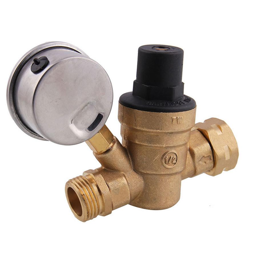 M11-0660R 3/4 "Water Pressure Regulator Valve Brass Lead-Free Adjustable Water Pressure Reducer with Gauge for RV Camper, and Inlet Screened Filter