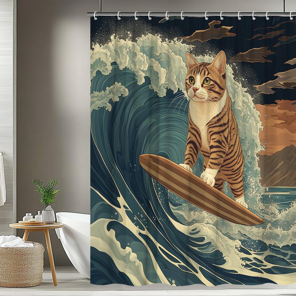 1pc Cat Surfboard Shower Curtain - Retro Fun Cartoon Animal Print with 12 Hooks, Washable Polyester Bathroom Decor