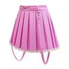 LittleForBig Women's Troublemaker A-Line Pleated Skirt with Lace Hem and Suspenders, Imitation Leather Mini Skirt, Pink, Size 4XL