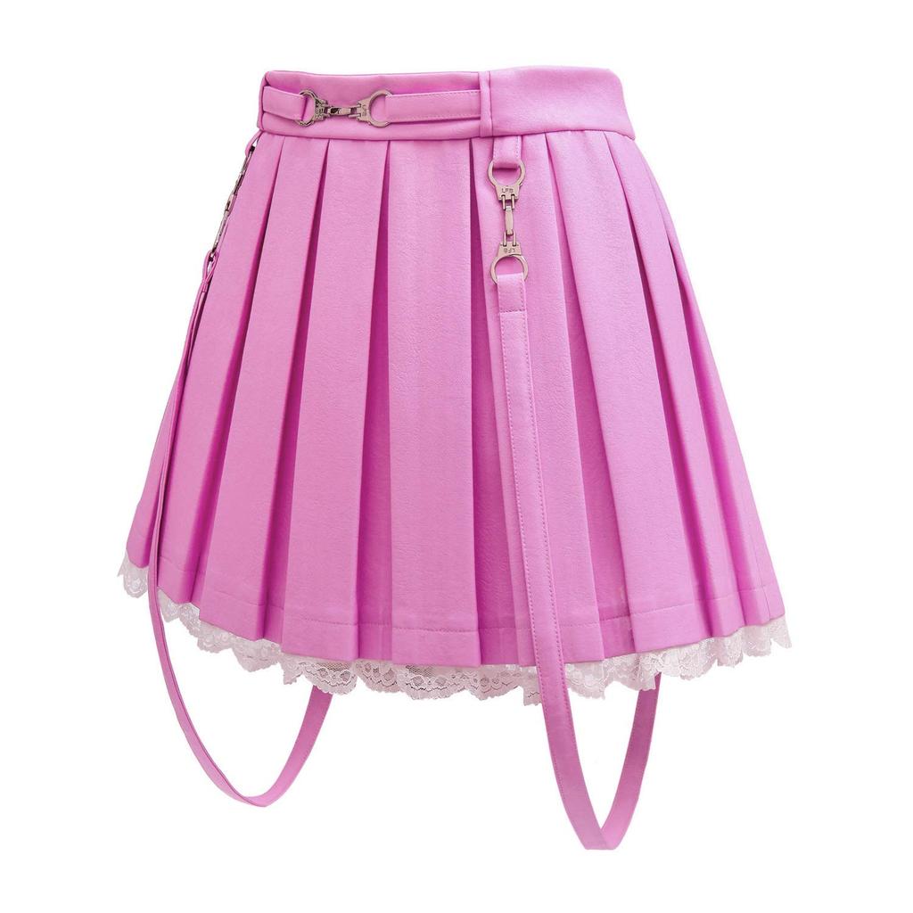 LittleForBig Women's Troublemaker A-Line Pleated Skirt with Lace Hem and Suspenders, Imitation Leather Mini Skirt, Pink, Size 4XL