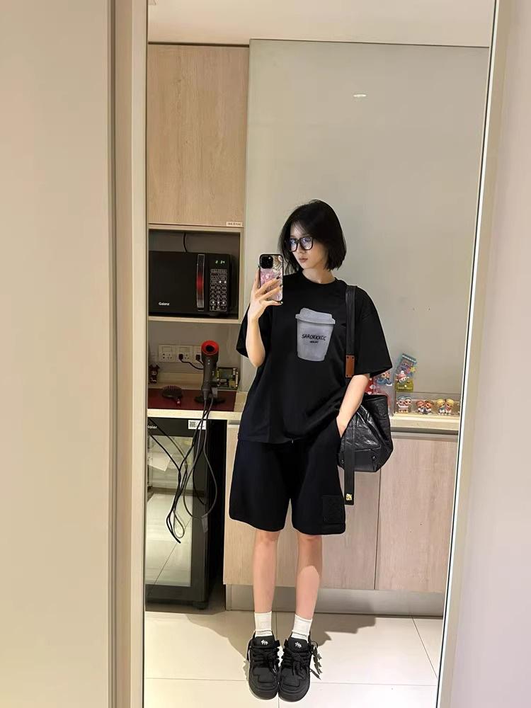 Women's Black Retro Oversized Cotton T-Shirt - Short Sleeve, Straight Shoulder, Summer Trend