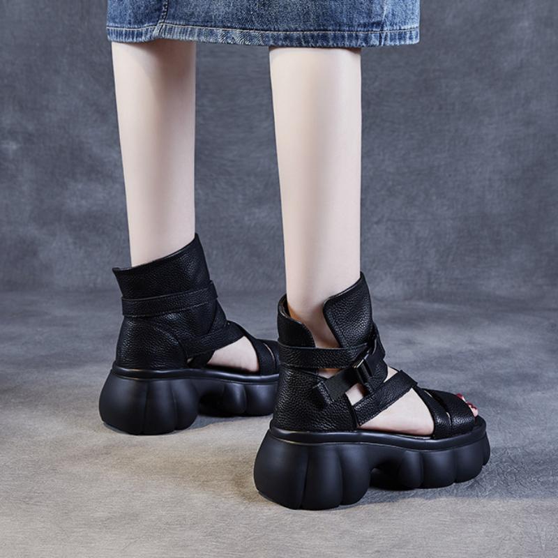 Johnature Roman Style Thick Sole Sandals Women's Shoes Genuine Leather Peep Toe Thick Heel Platform Sandals