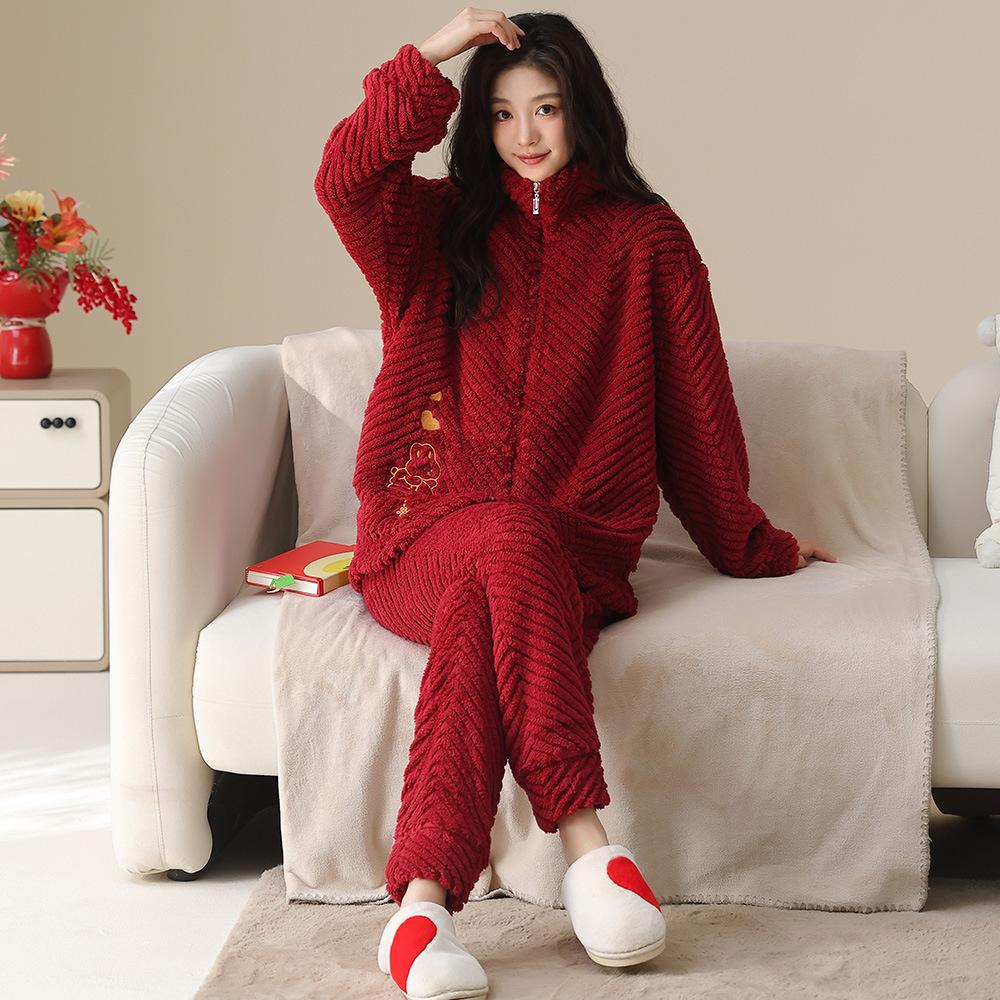 Couple Pajamas Winter Coral Fleece Wedding Thickened Wedding Festive Red Men's and Women's Flannel Loungewear