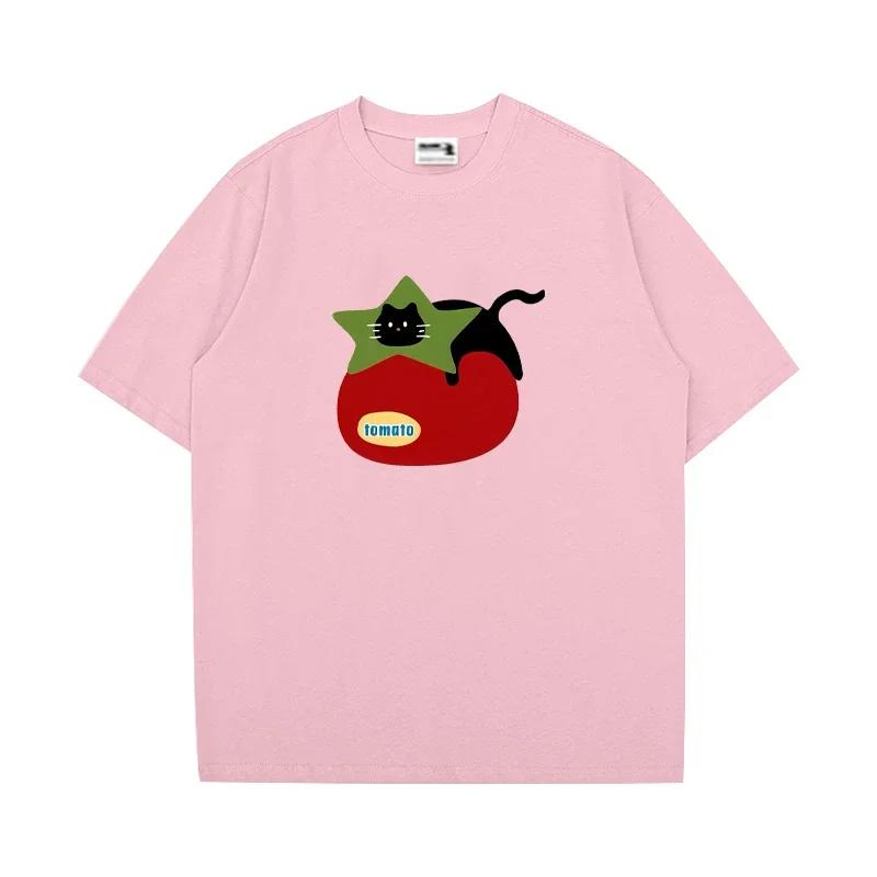 Men's Casual Tomato Cat Pattern Printed 100% Pure Cotton Short-sleeved T-shirt, Cute Kavai Humorous and Comfortable Top