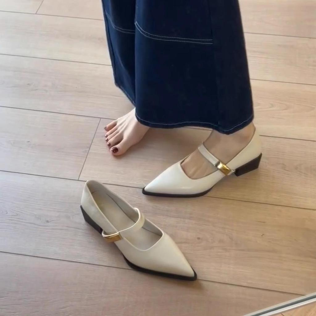Sheepskin version~ One-pedal pointed Mary Jane shoes thick heel light mouth one word with French commuter light mouth temperament single shoes