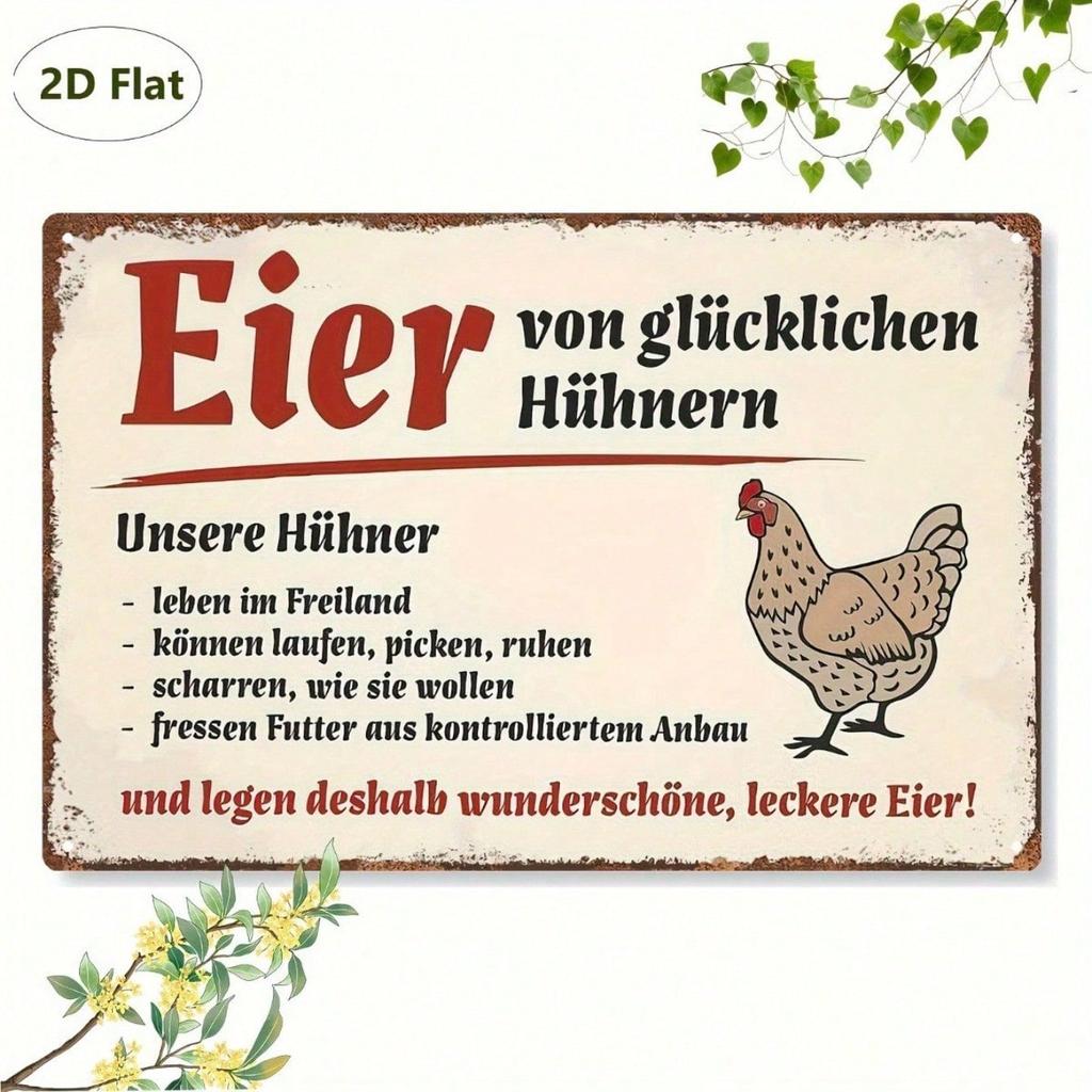 Vintage German Metal Wall Sign, Rustic Farmhouse Chicken & Egg Iron Plaque, 8x12 Inch Kitchen Garden Decor