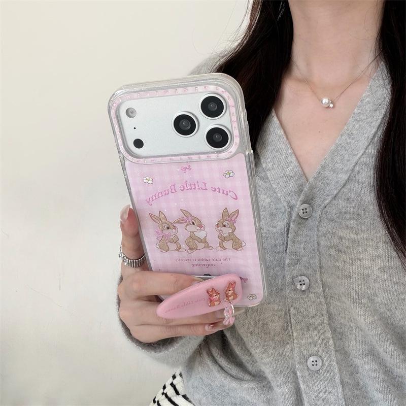 Pink Plaid Rabbit Stand iPhone Case for 17/16 Pro Max/15/14 - Girly Design