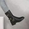 Shoes Women's Leather Boots Retro Belt Buckle Mid Calf Boots Round Toe 2025 New Water Proof Casual  Boots Women Botas De Mujer