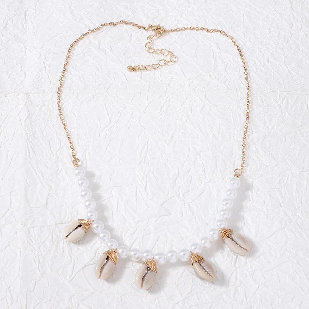 Bohemian shell fringed pendant imitation pearl women's necklace fashion beach style niche design necklace
