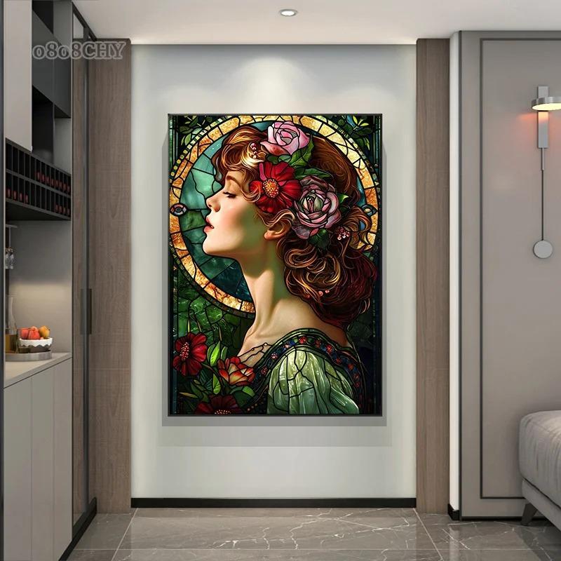 Beautiful Woman Floral Stained Glass Canvas Posters Canvas Print Art Painting Gothic Woman Flowers Wall Art Mural for Home Decor