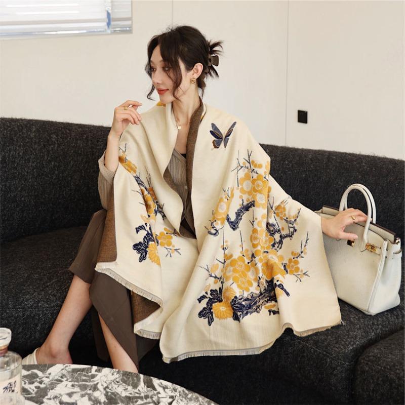 Winter thick shawl with women's plum blossom imitation cashmere double-sided jacquard scarf, fringed thickened warm scarf
