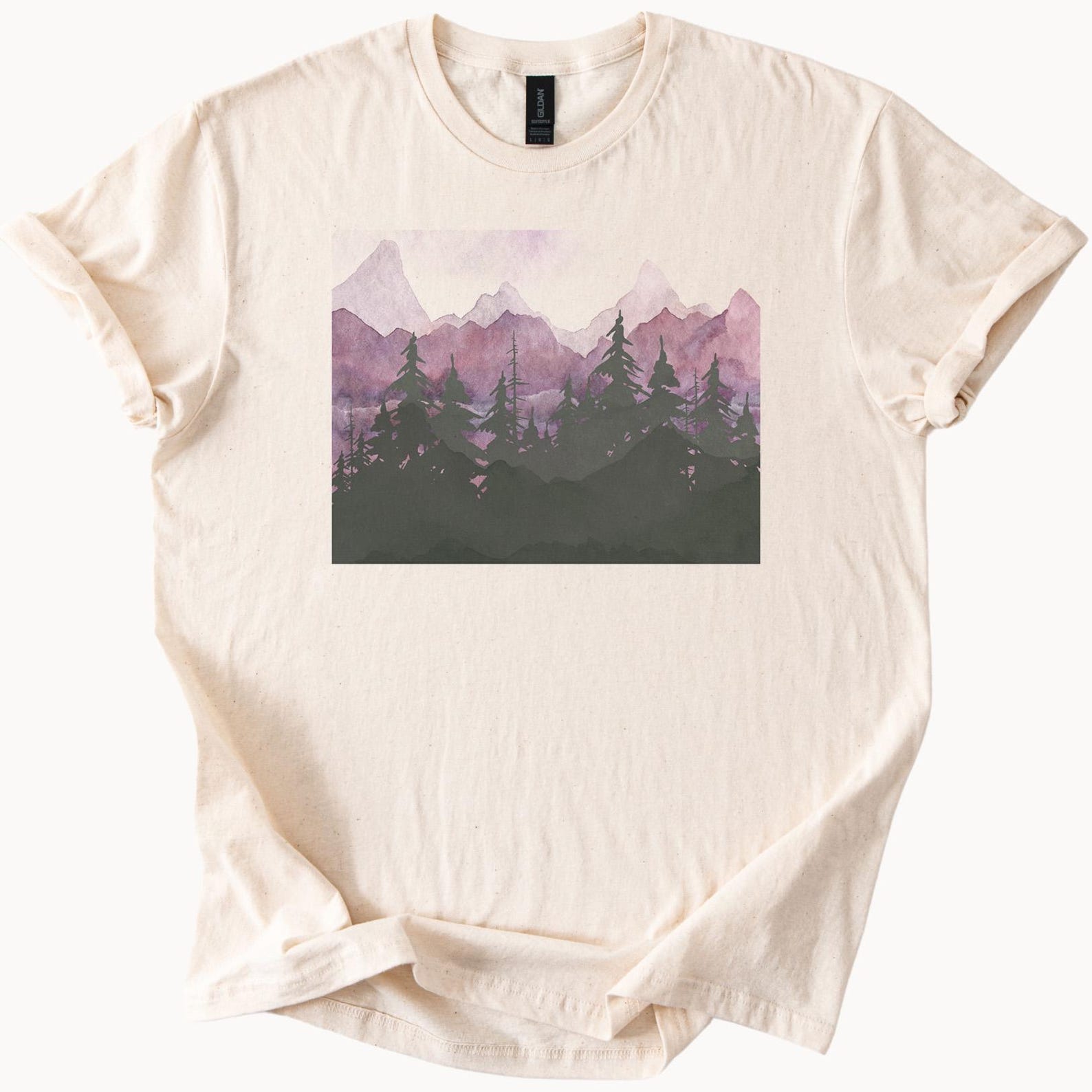 Mountain Landscape T Shirt with Purple Watercolor Forest and Pine Trees Nature Graphic Tee 100