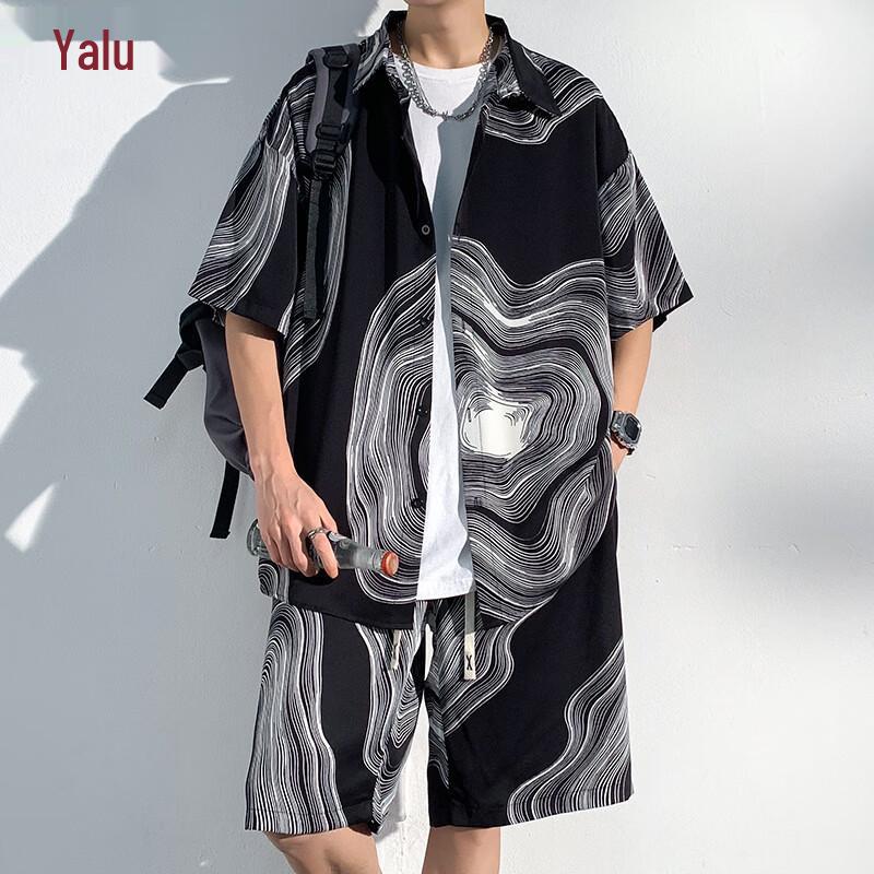 Men s Chinese Style Ice Silk Short Sleeve Shirt & Shorts Set L
