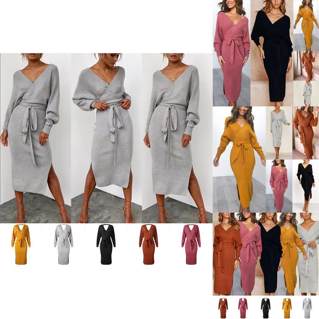 Elegant Women Winter Deep V-neck Knitted Sweater Dress With Cozy Long Sleeves
