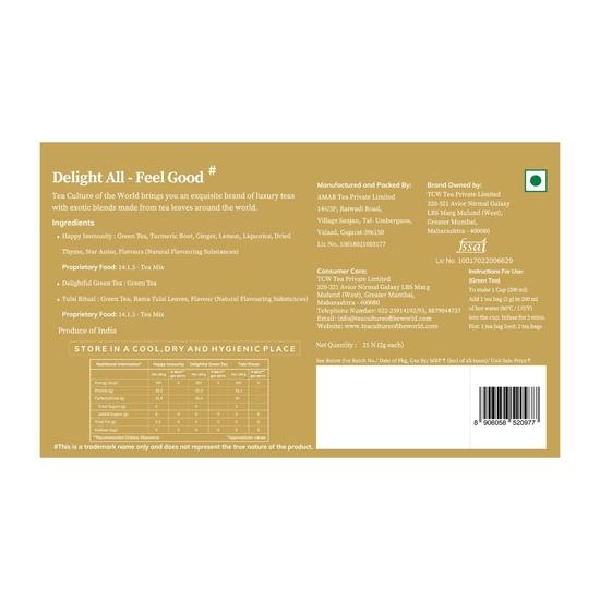 Tea Culture of The World Feel Good | Assorted Green Tea | Delightful Green Tea, Tulsi Ritual, Happy Immunity | 3 Flavors, 21 Tea Bags 21n [ 2g Each ]