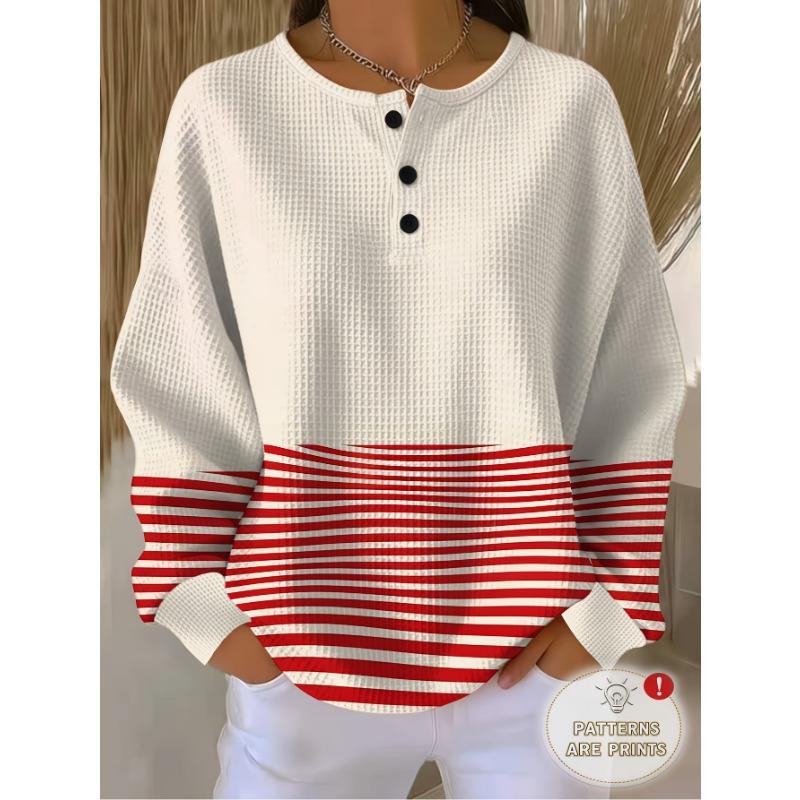 Women's Three-Button Henley Collar Waffle Long-Sleeve Top, Featuring a Contrasting Stripe Patchwork Design.