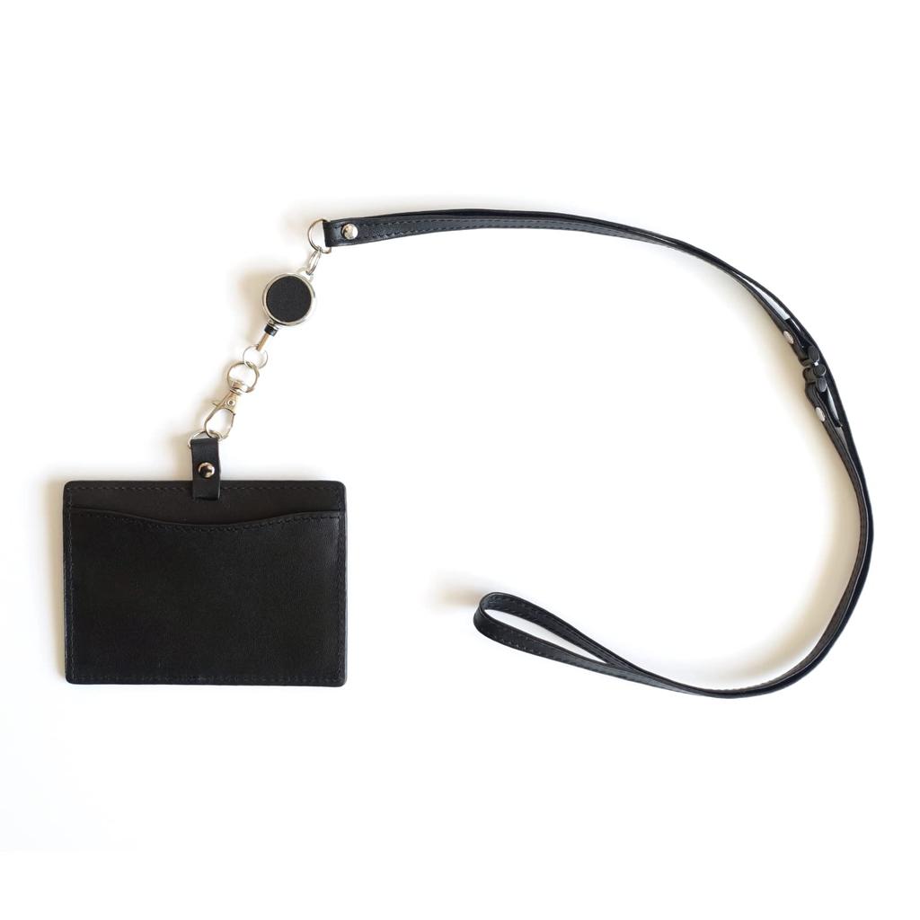 MASACCIO Genuine Leather ID Card Case with Reel, MCH051, Black, with Stretchable Reel Strap, Employee ID Card Holder, Cowhide Leather, Simple Design