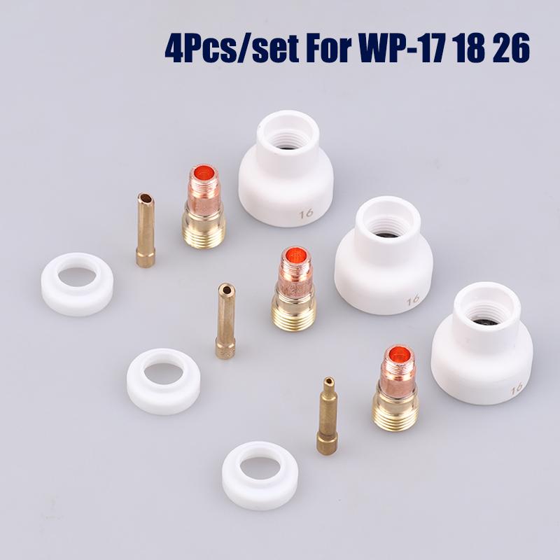 4Pcs Torches WP17 18 26 Stubby Collets Body Gas Lens Set TIG Welding 1.6/2.4/3.2mm White Ceramic Nozzle Alumina Cup Kit