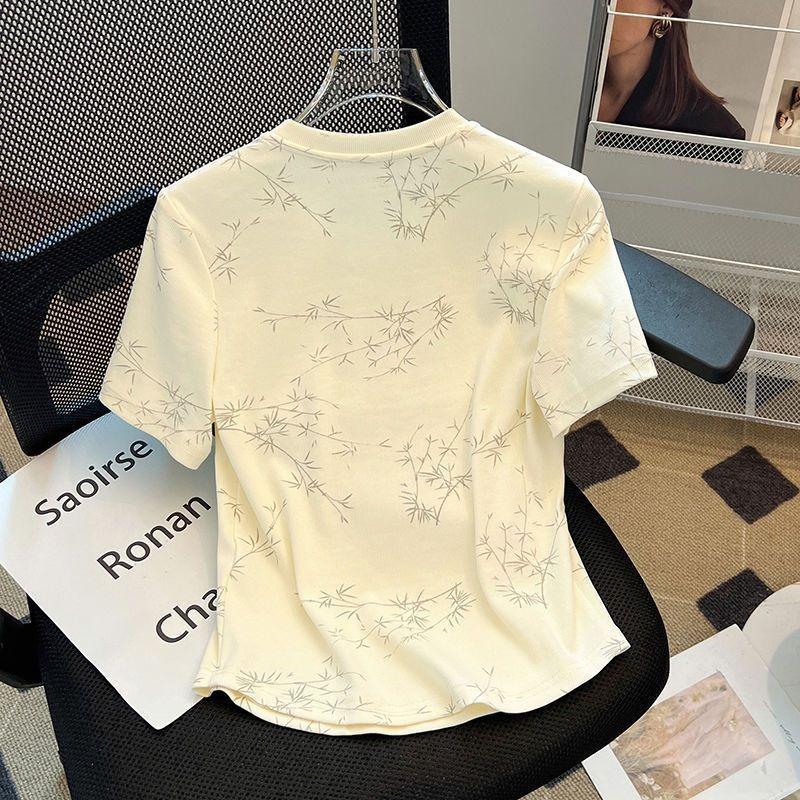 women bamboo print t-shirt round neck short sleeve casual fitted cheongsam style top