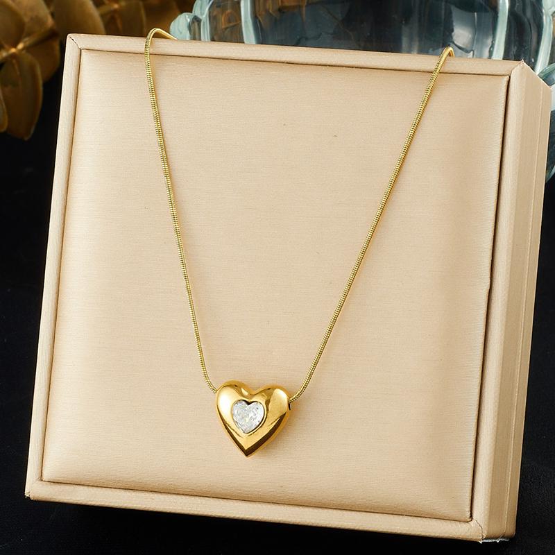 Edelstahl Farbiger Zirkon Inlay Herz Liebe Anhänger Halskette Damen Neue Mode Seilkette Schmuck Glamourös