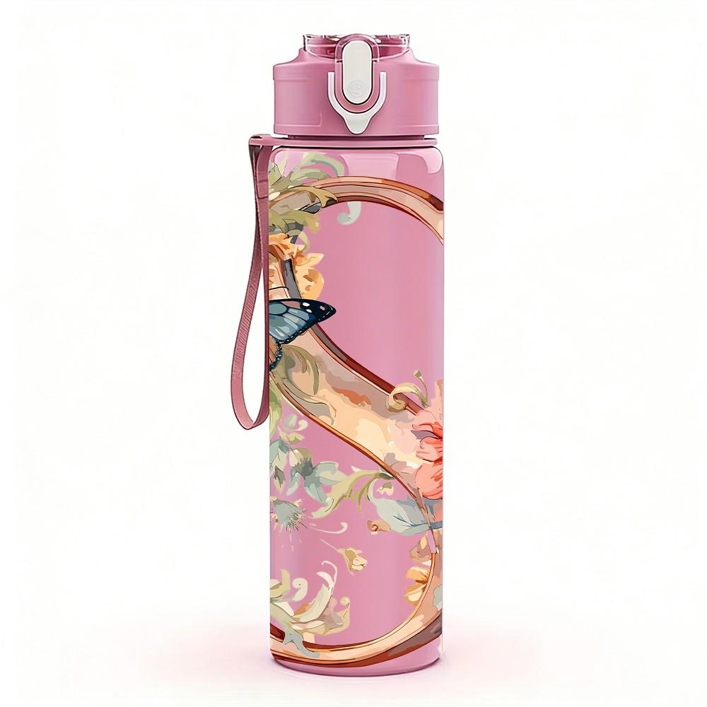 1PC Floral Letter S Soft Vintage Flower Art 750ml Color Plastic Sports Water Bottle Leakproof Flip Straw Lid Suitable for Sports Office Home Use