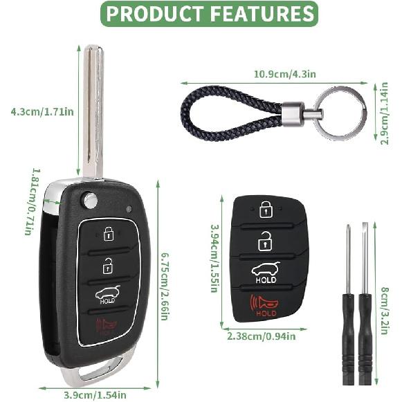 Key Fob Case for Hyundai Sonata Santa Fe Sport  2018 2017 2016 2015 2014 2013 4 Buttons Keyless Entry Remote Control Folding Flip Car Key Fob Cover