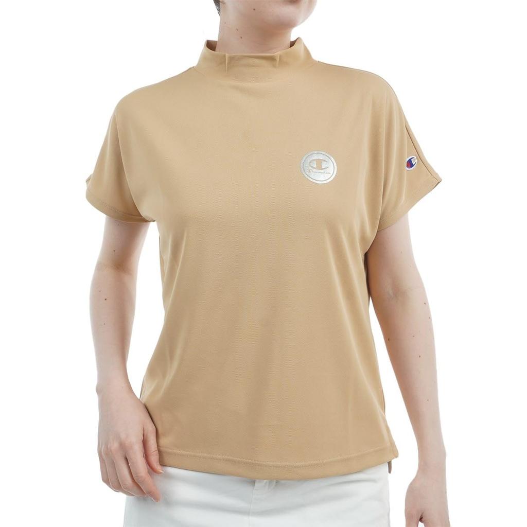 Champion Short Sleeve Mock Neck Shirt Sand UV Logo Women's (CW-BG309), Beige, Breathable, Heat-Shielding, Protection, Quick-Drying, One-Point