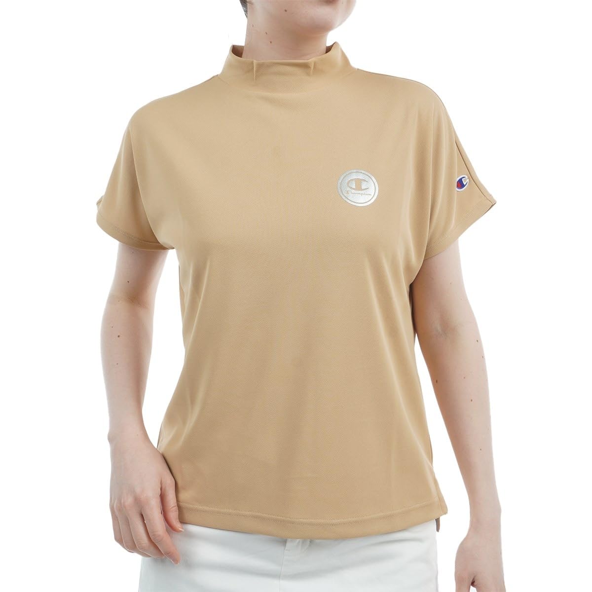 

Champion Short Sleeve Mock Neck Shirt Sand UV Logo Women s (CW-BG309), Beige, Breathable, Heat-Shielding, Protection, Quick-Drying, One-Point