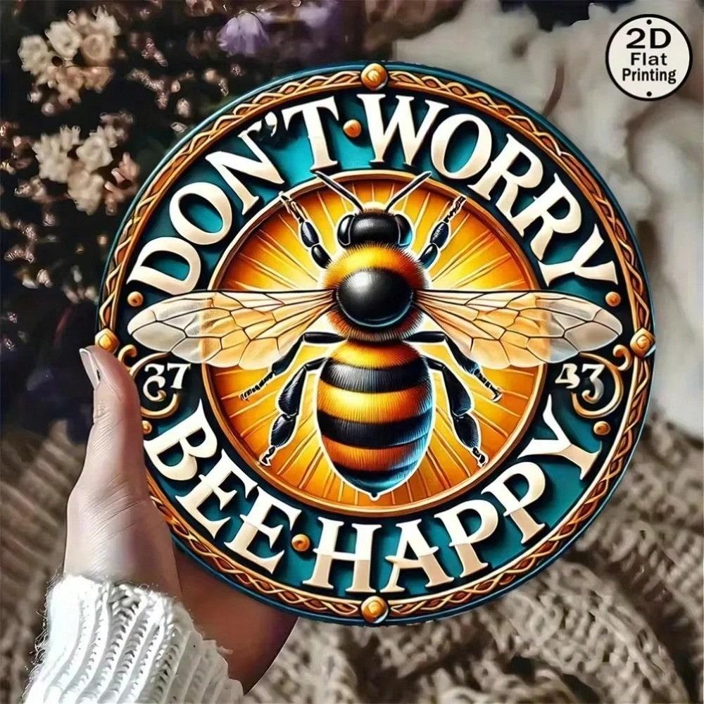 Don't Worry Bee Happy Rustic Round Metal Tin Sign Vintage Wall Art Home Decor