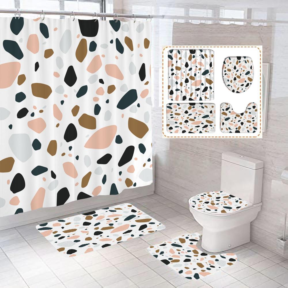 Small Fresh Mosaic Marble Printed Bathroom Curtain Shower Curtains With Hooks Non-Slip Carpet Toilet Lid Cover Bath Mats Rugs