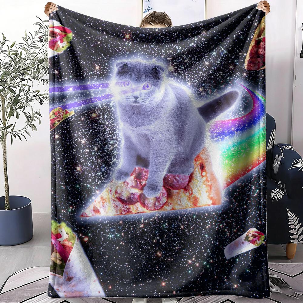 Cat Riding Rainbow Pizza Throw Soft Flannel Throw Summer AC Blanket Lightweight Cool Nap Blanket for Sofa Bed Couch Travel 75X95CM