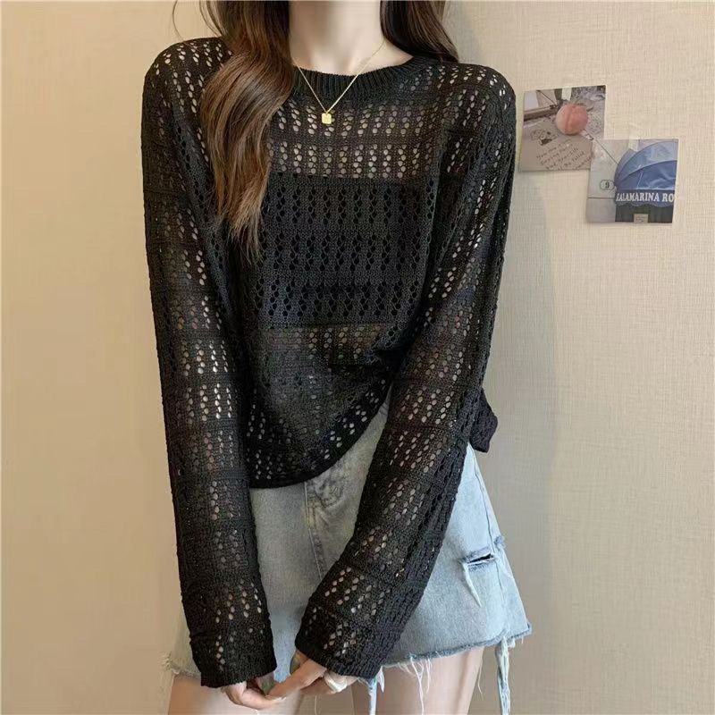 

Весна и Осень Новый Вязаный Свитер Ранняя Осень Тонкий Ажурный Топ Женский Длинный Рукав Свободная Дышащая Куртка Клетка XXL