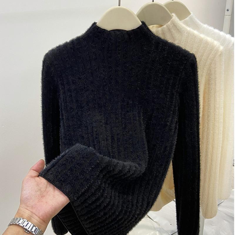 

Мягкий восковой и нежный свитер женский осенне-зимний новый трикотажный полуводолазка из норкового флиса с плюшевой базовой рубашкой One size fits all [recommended 80-60kg] чёрный