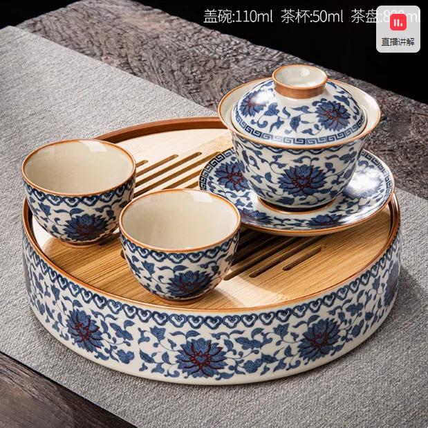 Handmade Blue and White Ceramic Bamboo Tea Tray for Home Use Ceramic Tea Sets, Traditional Chinese Tea Table