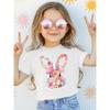 Europäische Größe Mädchen Süßes Kaninchen und Blumenmuster T-Shirt Rundhals Kurzarm Oberteil