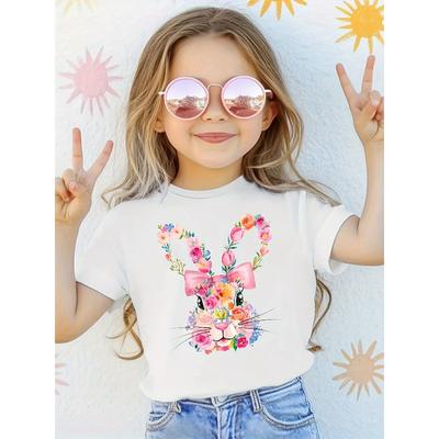 European Size Girls Cute Rabbit and Flower Pattern T Shirt Round Neck Short Sleeved Top