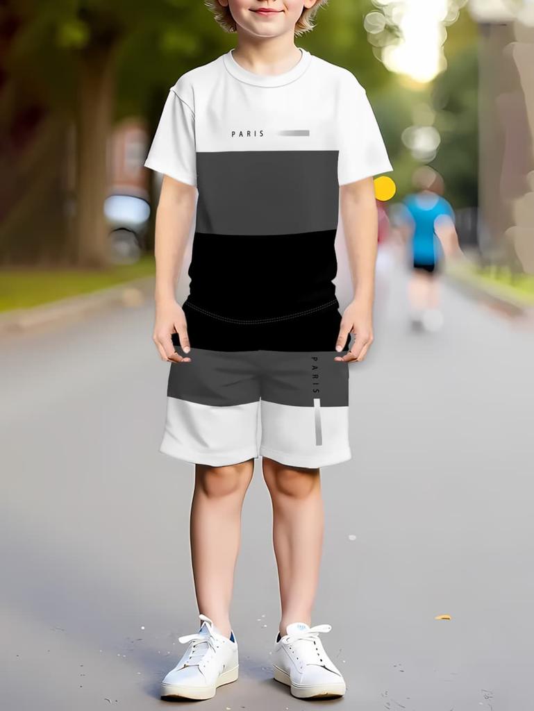 2026 Sommer Lässige Jungen T-Shirts Sets Rundhals Paris Buchstabe 3D Gedruckte Shorts Sport Zweiteiliges Anzug Outdoor Kinderkleidung