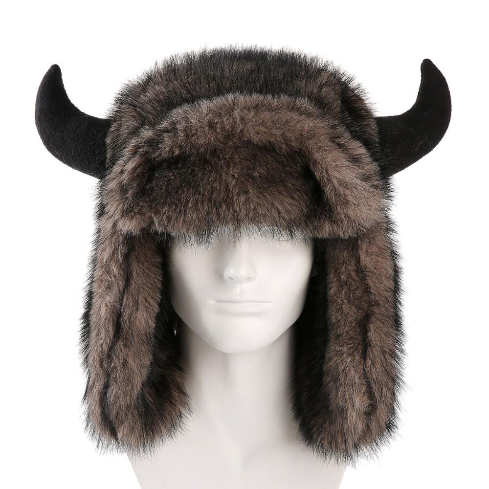 Thick Horn Hat Faux Fur Lined Winter Ski Hat Soft Ear Protection Hat Men