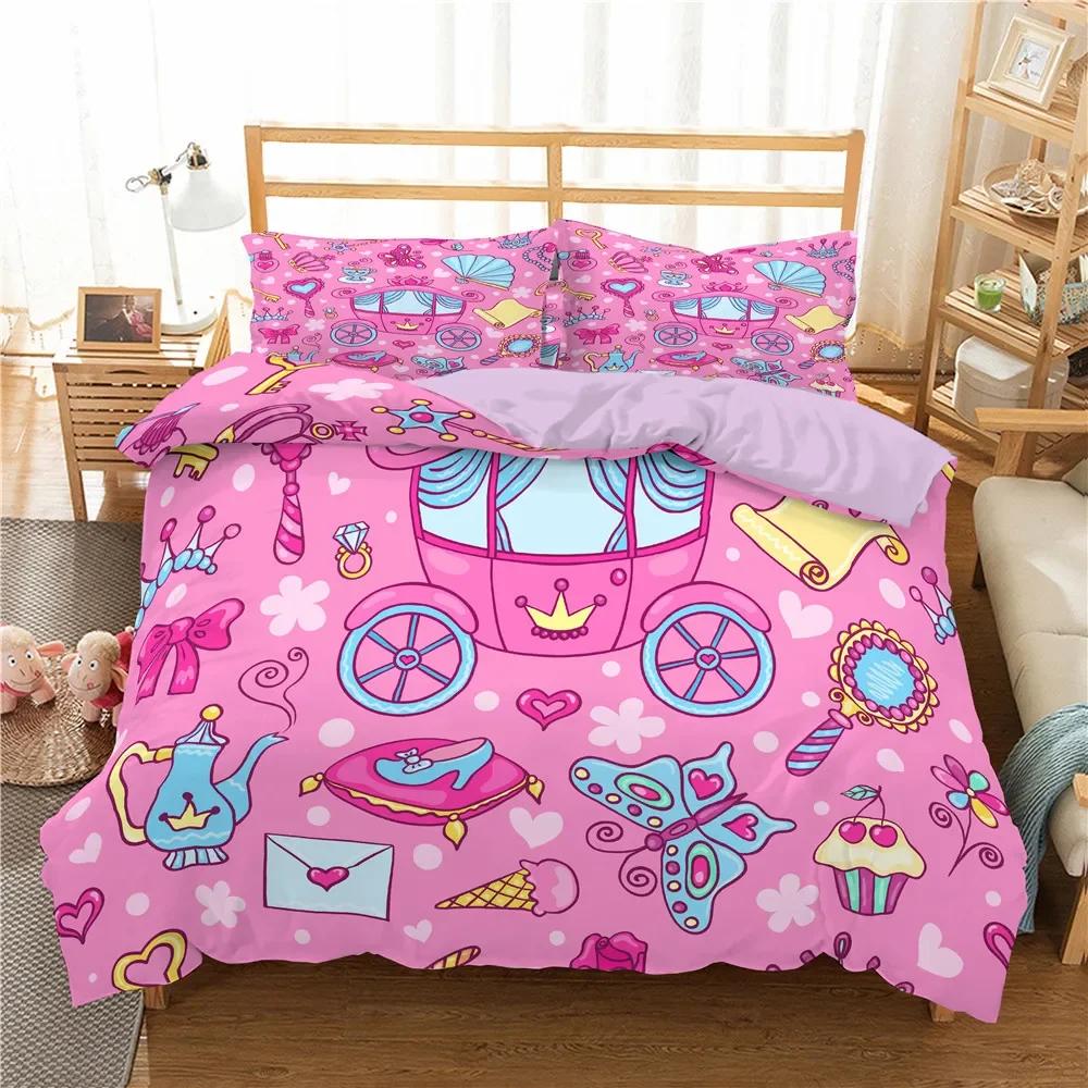 Kids Cartoon Pink Castle Comfortable Duvet Quilt Cover Pillowcase Bedding Set Children Bedroom Decoration Home Textile