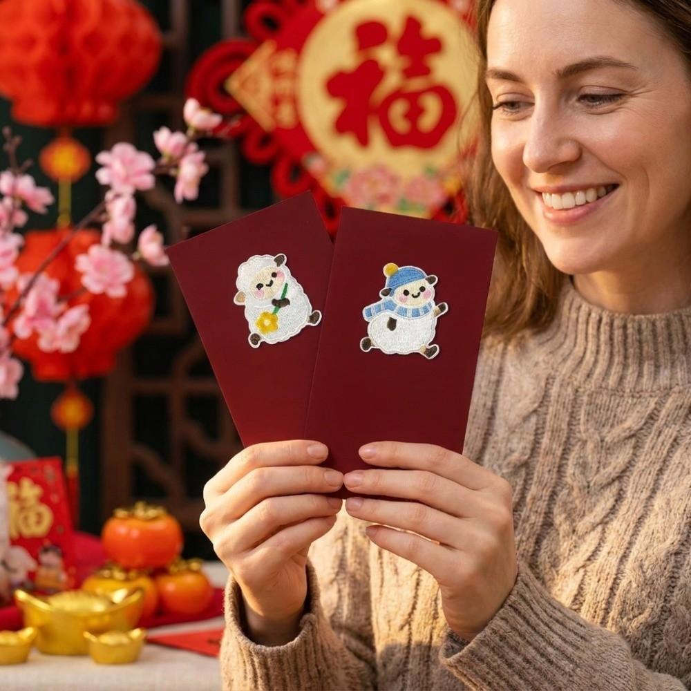 6PCS/SET Embroidery 2027 Sheep Year Red Envelope Traditional Cartoon Money Envelope Spring Festival