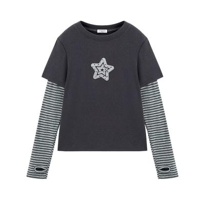 Mucmukn Girls' Faux Two-Piece Striped T-Shirt