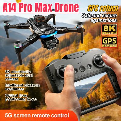 Professional A14 Pro Max Drone with 8K Dual Cameras, 4.3-inch Screen, 360° Obstacle Avoidance, 5G WiFi, and Brushless Remote Control.
