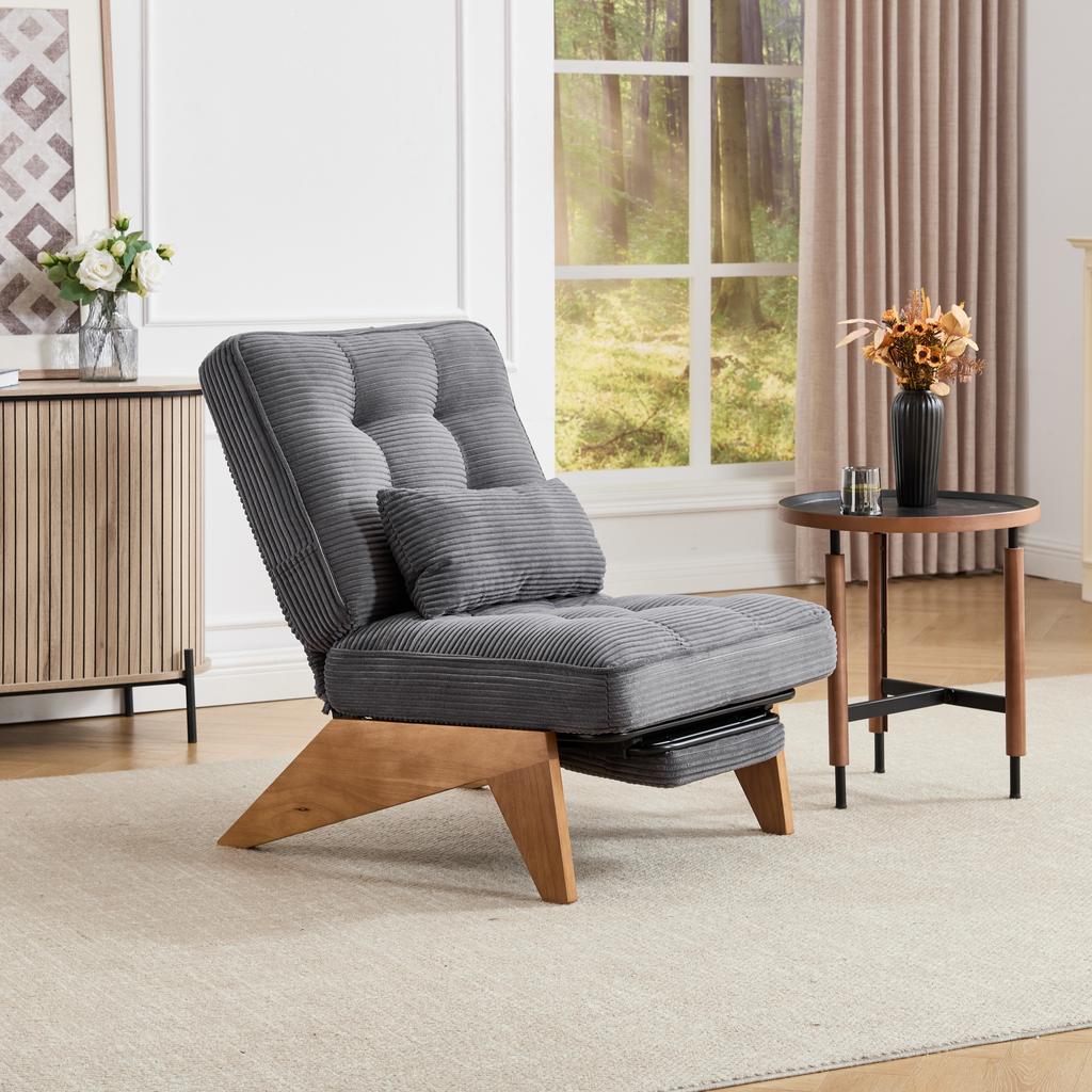 Modern Adjustable Backless Fabric Lounge Chair with Footrest, Lumbar Cushion and Wooden Legs for Living Room/bedroom/study Room (grey Corduroy)